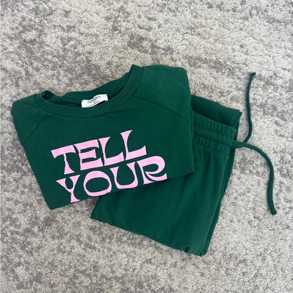 Zenana x Shop Taby Green Graphic Sweatshirt & Jogger Lounge Set Women’s Small - Picture 7 of 7